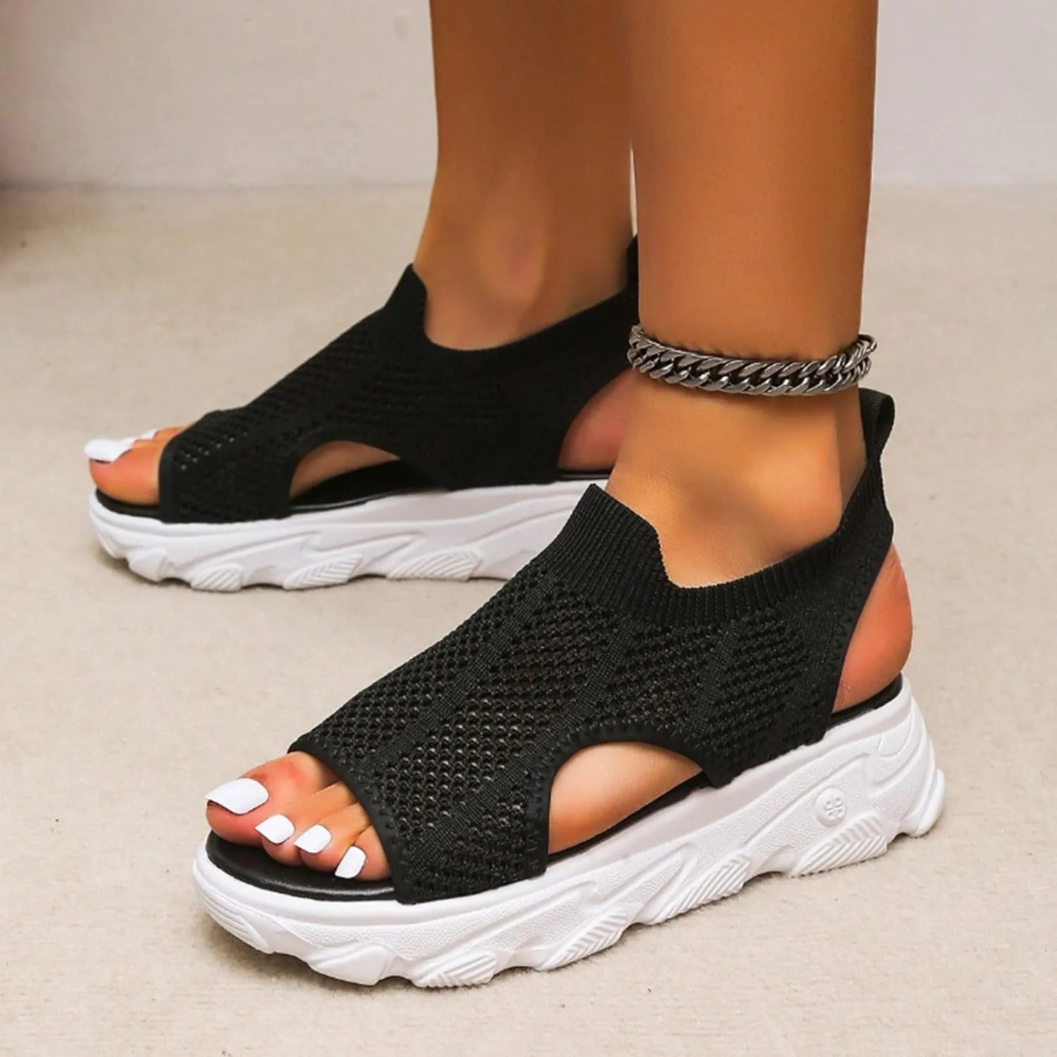 SuanlaTDS Womens Wedge Sandals Platform Walking Shoes Comfortable Open Toe Elastic Strap Slip On Mesh Thick Soled Orthopedic Sandals Low Wedges Heels Casual Summer Beach Sandals