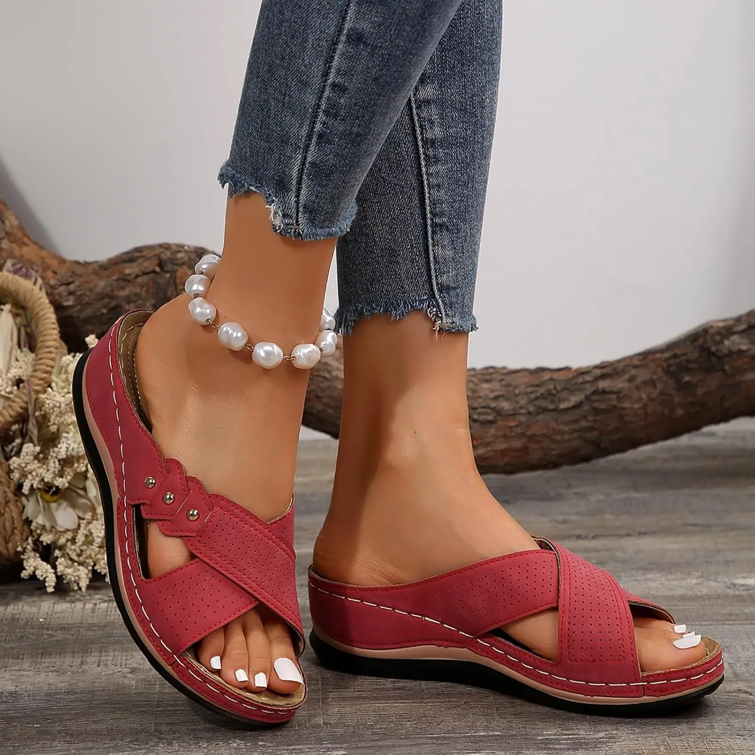 SuanlaTDS Womens Wedge Sandals with Arch Support Dressy Summer Slip On Platform Orthopedic Slides Sandals Comfortable Casual Soft Sole Open Toe Low Heels Walking Sandals Slippers