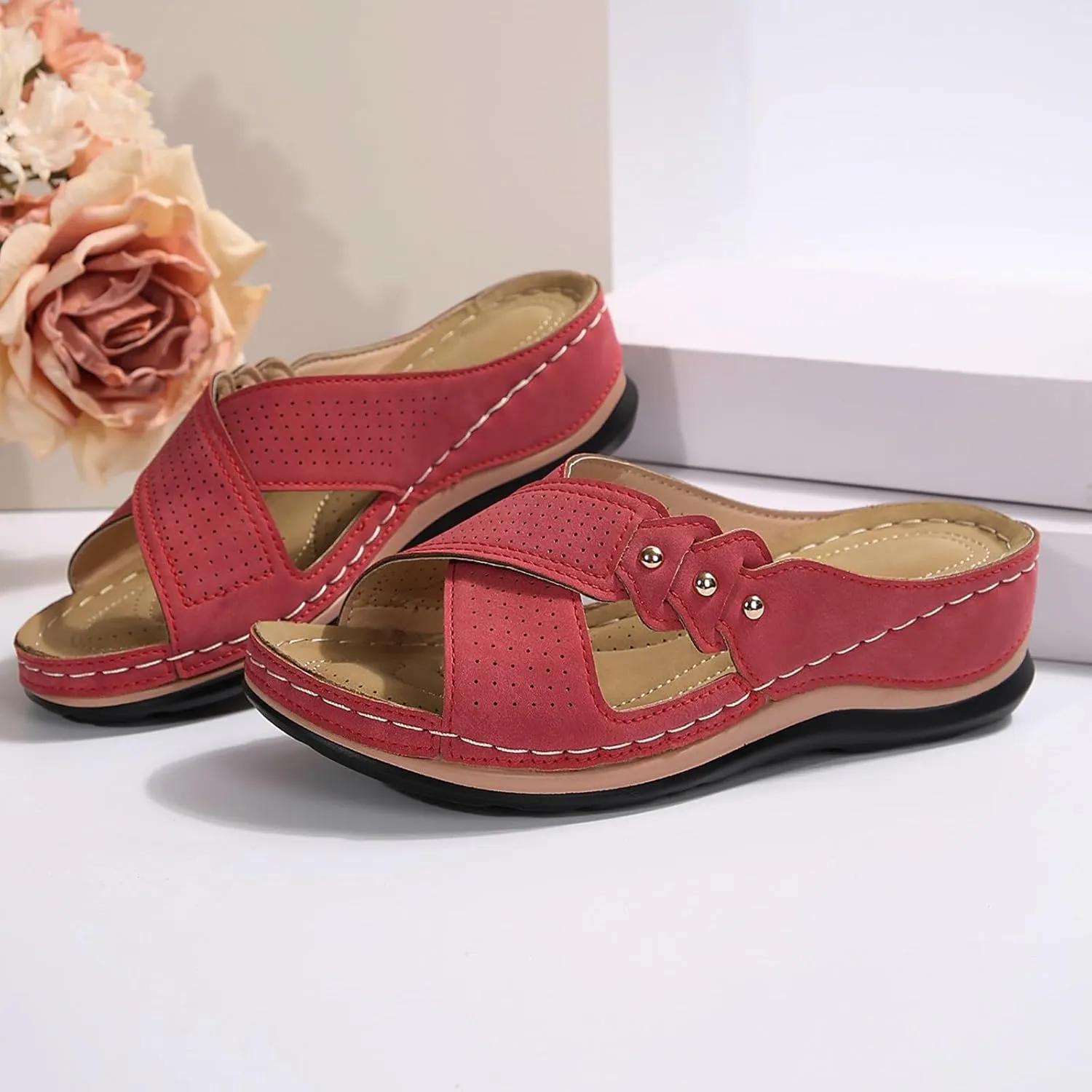 SuanlaTDS Womens Wedge Sandals with Arch Support Dressy Summer Slip On Platform Orthopedic Slides Sandals Comfortable Casual Soft Sole Open Toe Low Heels Walking Sandals Slippers
