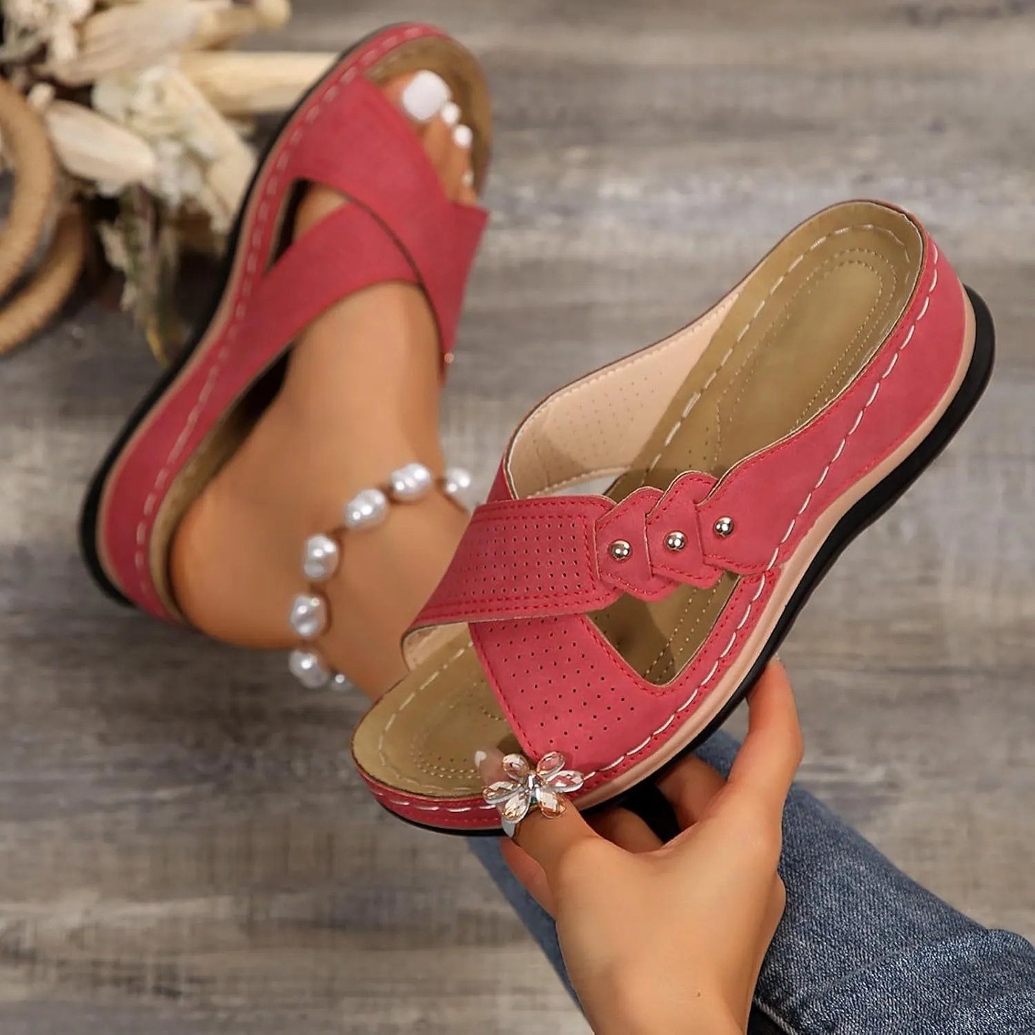 SuanlaTDS Womens Wedge Sandals with Arch Support Dressy Summer Slip On Platform Orthopedic Slides Sandals Comfortable Casual Soft Sole Open Toe Low Heels Walking Sandals Slippers