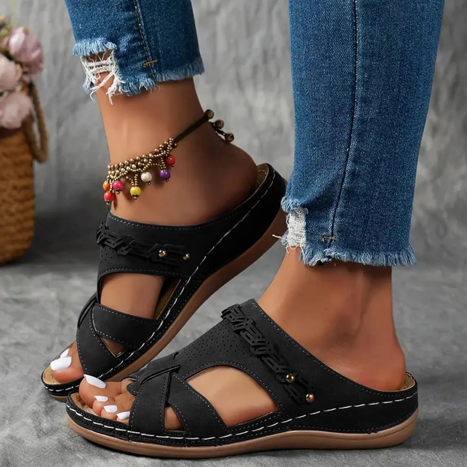 SuanlaTDS Women's Wedge Slide Sandals Orthopedic Dressy Summer 2025 Arch Support Crisscross Open Toe Slip-on Comfortable Slides Slippers Walking Beach Shoes Platform Low Heel Wedges Sandal