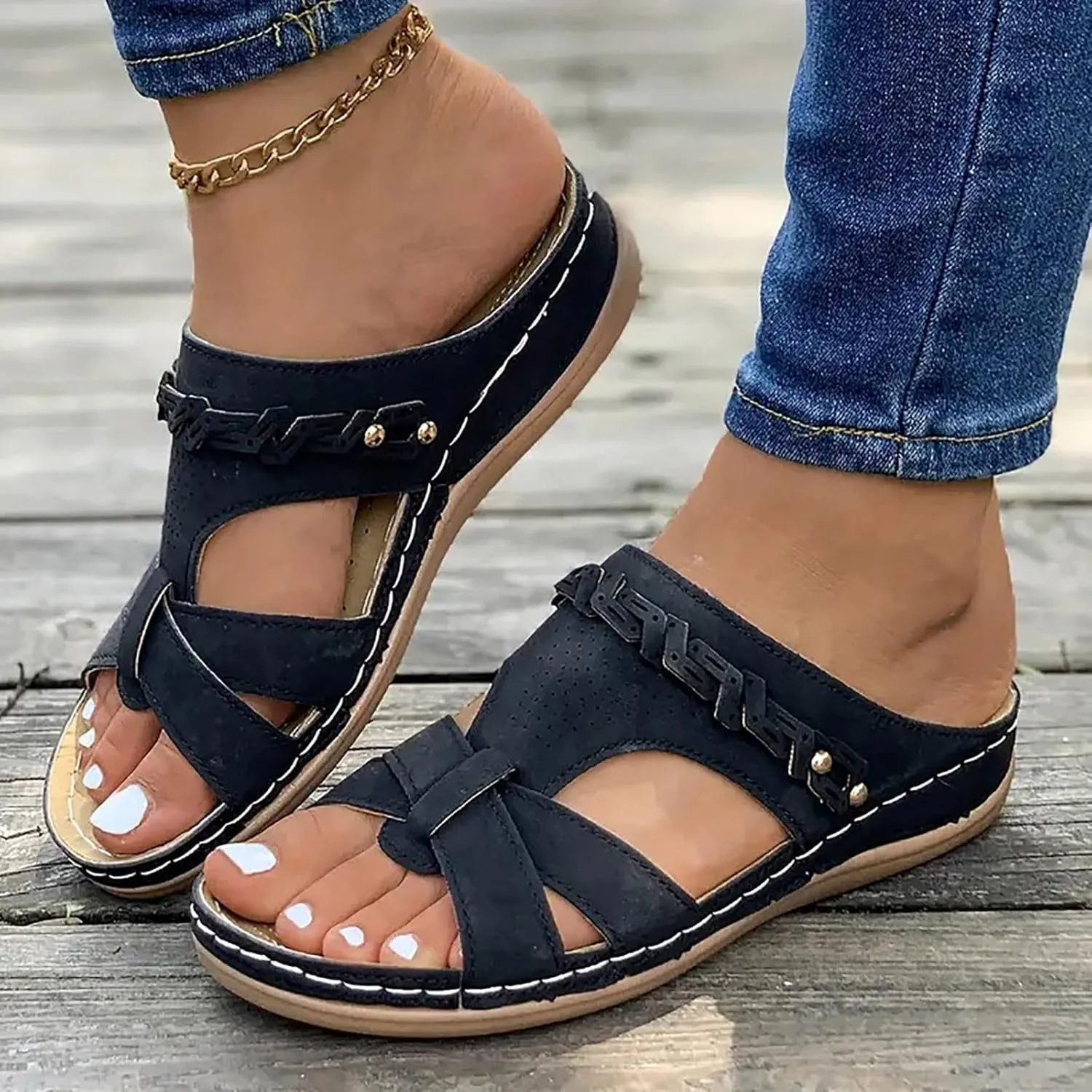 SuanlaTDS Women's Wedge Slide Sandals Orthopedic Dressy Summer 2025 Arch Support Crisscross Open Toe Slip-on Comfortable Slides Slippers Walking Beach Shoes Platform Low Heel Wedges Sandal