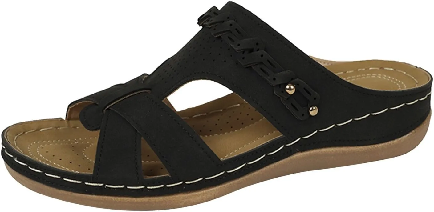 SuanlaTDS Women's Wedge Slide Sandals Orthopedic Dressy Summer 2025 Arch Support Crisscross Open Toe Slip-on Comfortable Slides Slippers Walking Beach Shoes Platform Low Heel Wedges Sandal