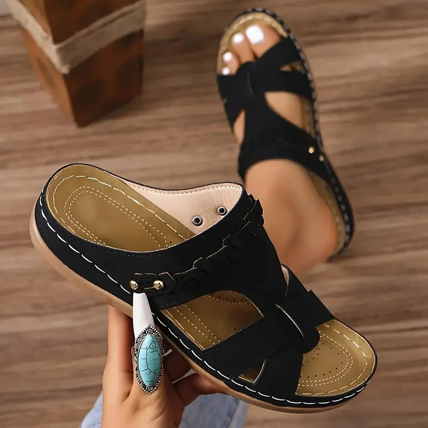SuanlaTDS Women's Wedge Slide Sandals Orthopedic Dressy Summer 2025 Arch Support Crisscross Open Toe Slip-on Comfortable Slides Slippers Walking Beach Shoes Platform Low Heel Wedges Sandal