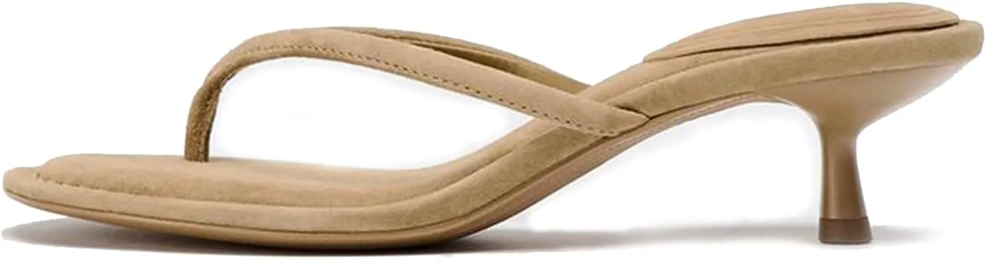 Suede Flip Flops for Women Open Round Toe Thong Heeled Sandals Low Kitten Heels Comfortable Summer Slip On Slides Shoes