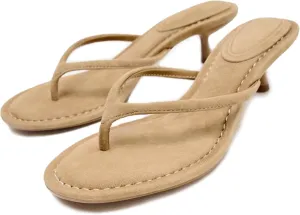 Suede Flip Flops for Women Open Round Toe Thong Heeled Sandals Low Kitten Heels Comfortable Summer Slip On Slides Shoes