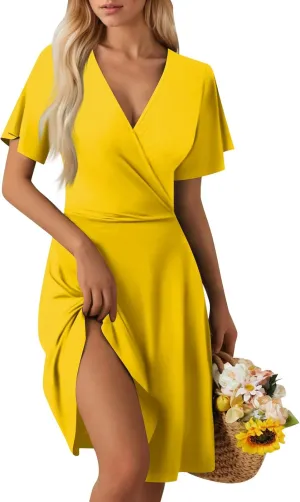 Summer Dresses for Women 2025 Elegant Classy Fit and Flare Empire Waist Dress V Neck Boho Flowy Midi Dress