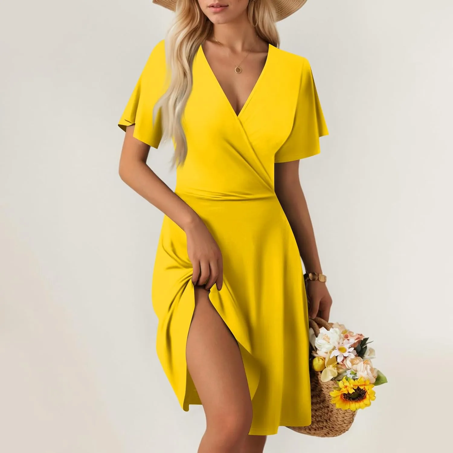 Summer Dresses for Women 2025 Elegant Classy Fit and Flare Empire Waist Dress V Neck Boho Flowy Midi Dress