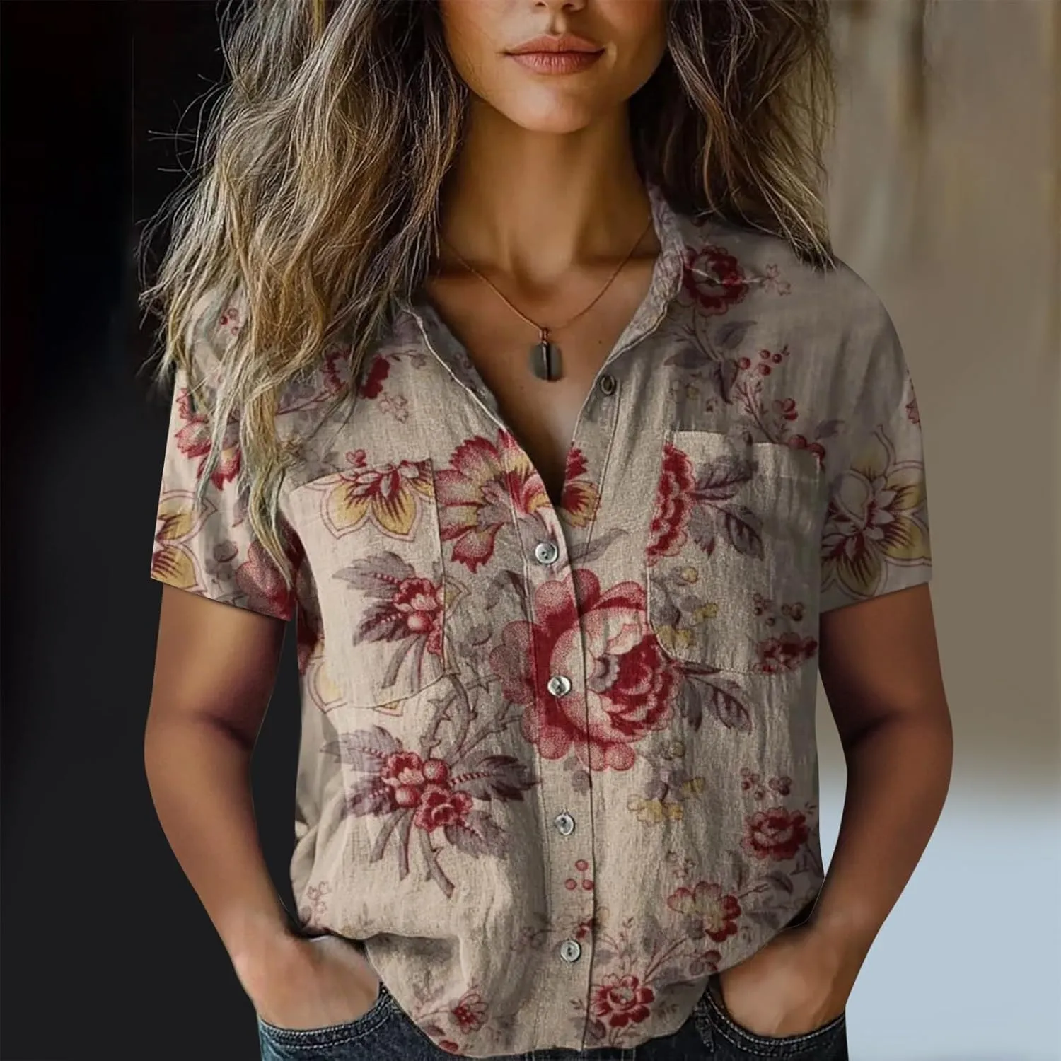 Summer Tops for Women 2025 Trendy Boho Floral Print Shirt Short Sleeve Button up Peasant Blouses Casual Loose Outfits