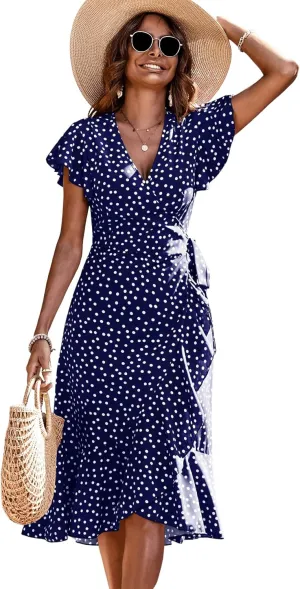 SweatyRocks Women's Polka Dots Short Sleeve V Neck Wrap Dress Tie Side Ruffle Midi Dresses