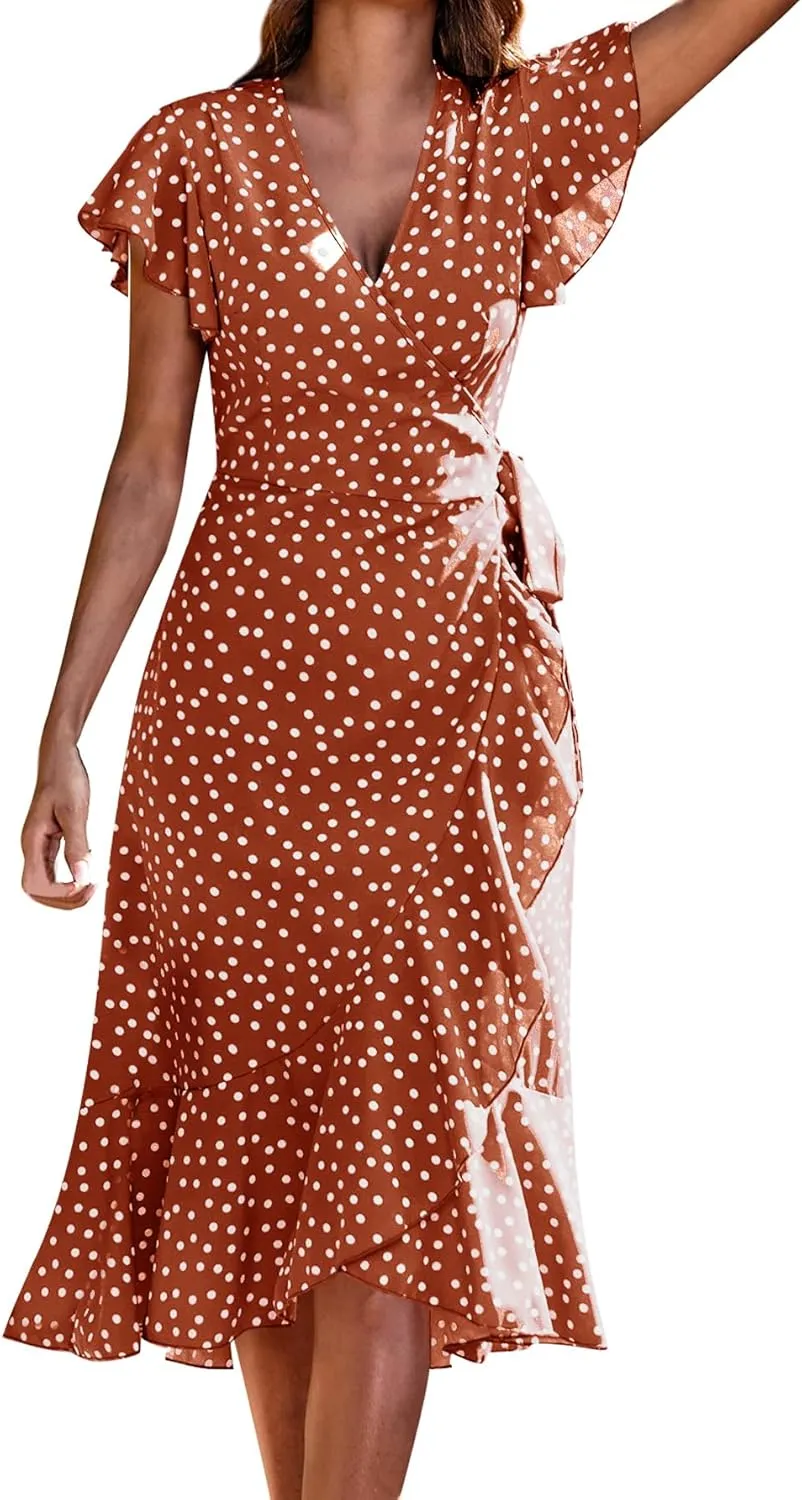 SweatyRocks Women's Polka Dots Short Sleeve V Neck Wrap Dress Tie Side Ruffle Midi Dresses