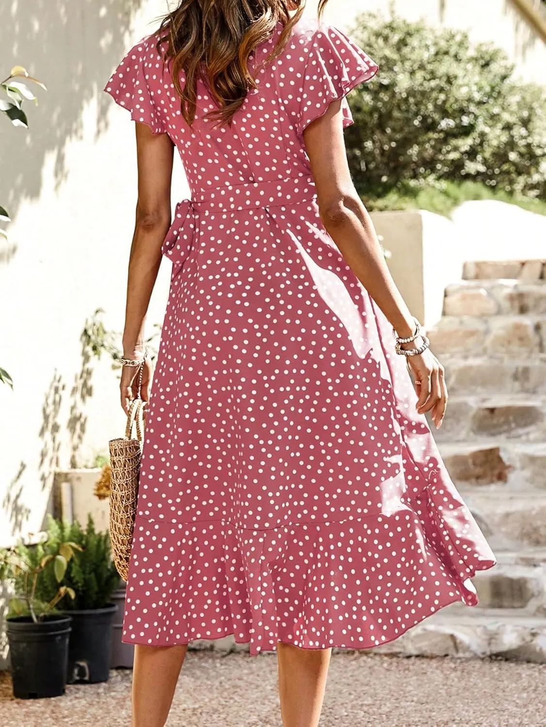 SweatyRocks Women's Polka Dots Short Sleeve V Neck Wrap Dress Tie Side Ruffle Midi Dresses