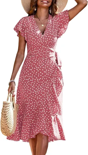 SweatyRocks Women's Polka Dots Short Sleeve V Neck Wrap Dress Tie Side Ruffle Midi Dresses