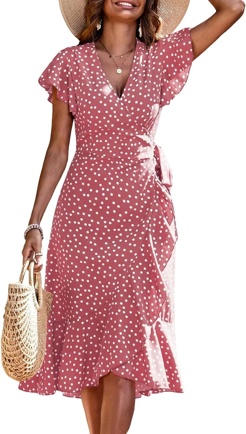 SweatyRocks Women's Polka Dots Short Sleeve V Neck Wrap Dress Tie Side Ruffle Midi Dresses