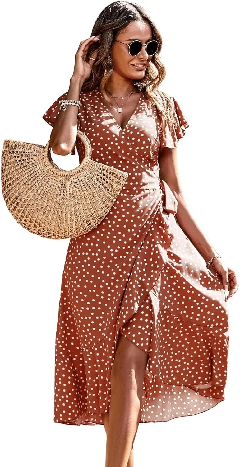 SweatyRocks Women's Polka Dots Short Sleeve V Neck Wrap Dress Tie Side Ruffle Midi Dresses