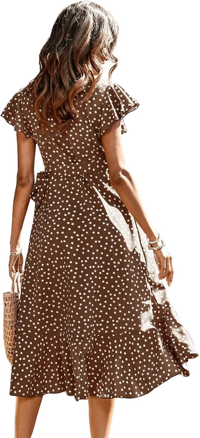 SweatyRocks Women's Polka Dots Short Sleeve V Neck Wrap Dress Tie Side Ruffle Midi Dresses