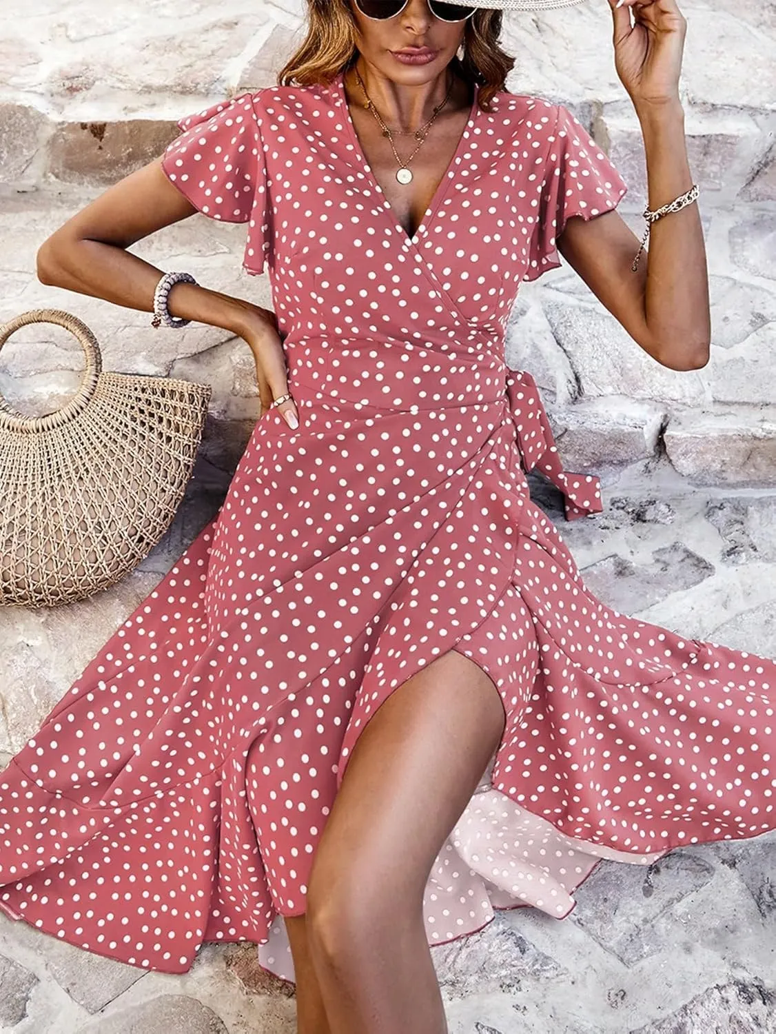 SweatyRocks Women's Polka Dots Short Sleeve V Neck Wrap Dress Tie Side Ruffle Midi Dresses