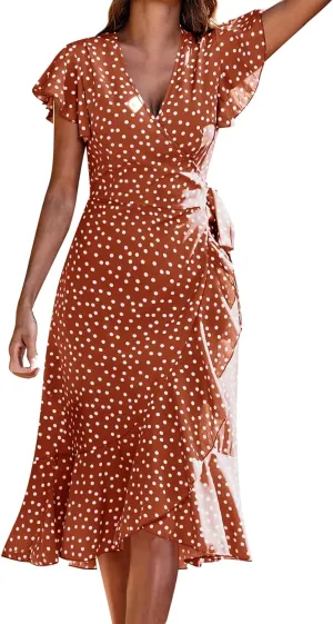 SweatyRocks Women's Polka Dots Short Sleeve V Neck Wrap Dress Tie Side Ruffle Midi Dresses