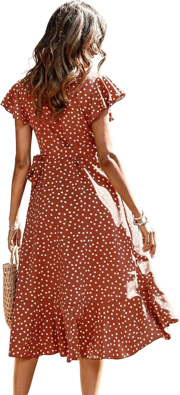 SweatyRocks Women's Polka Dots Short Sleeve V Neck Wrap Dress Tie Side Ruffle Midi Dresses