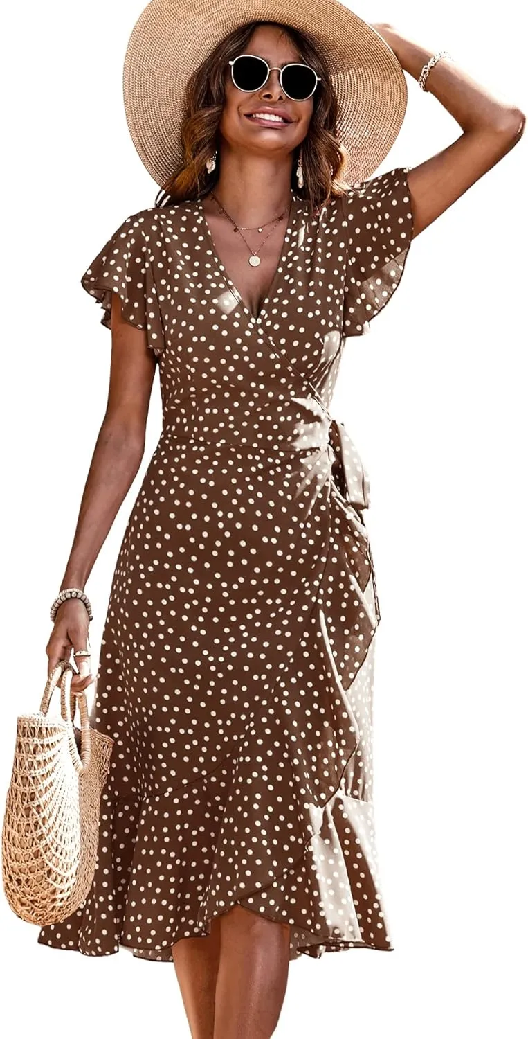 SweatyRocks Women's Polka Dots Short Sleeve V Neck Wrap Dress Tie Side Ruffle Midi Dresses