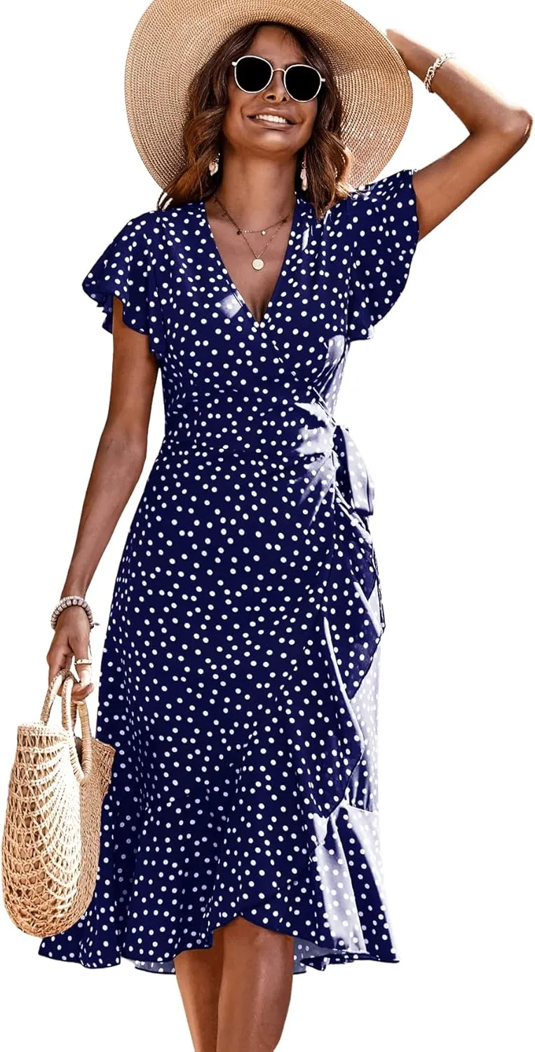 SweatyRocks Women's Polka Dots Short Sleeve V Neck Wrap Dress Tie Side Ruffle Midi Dresses