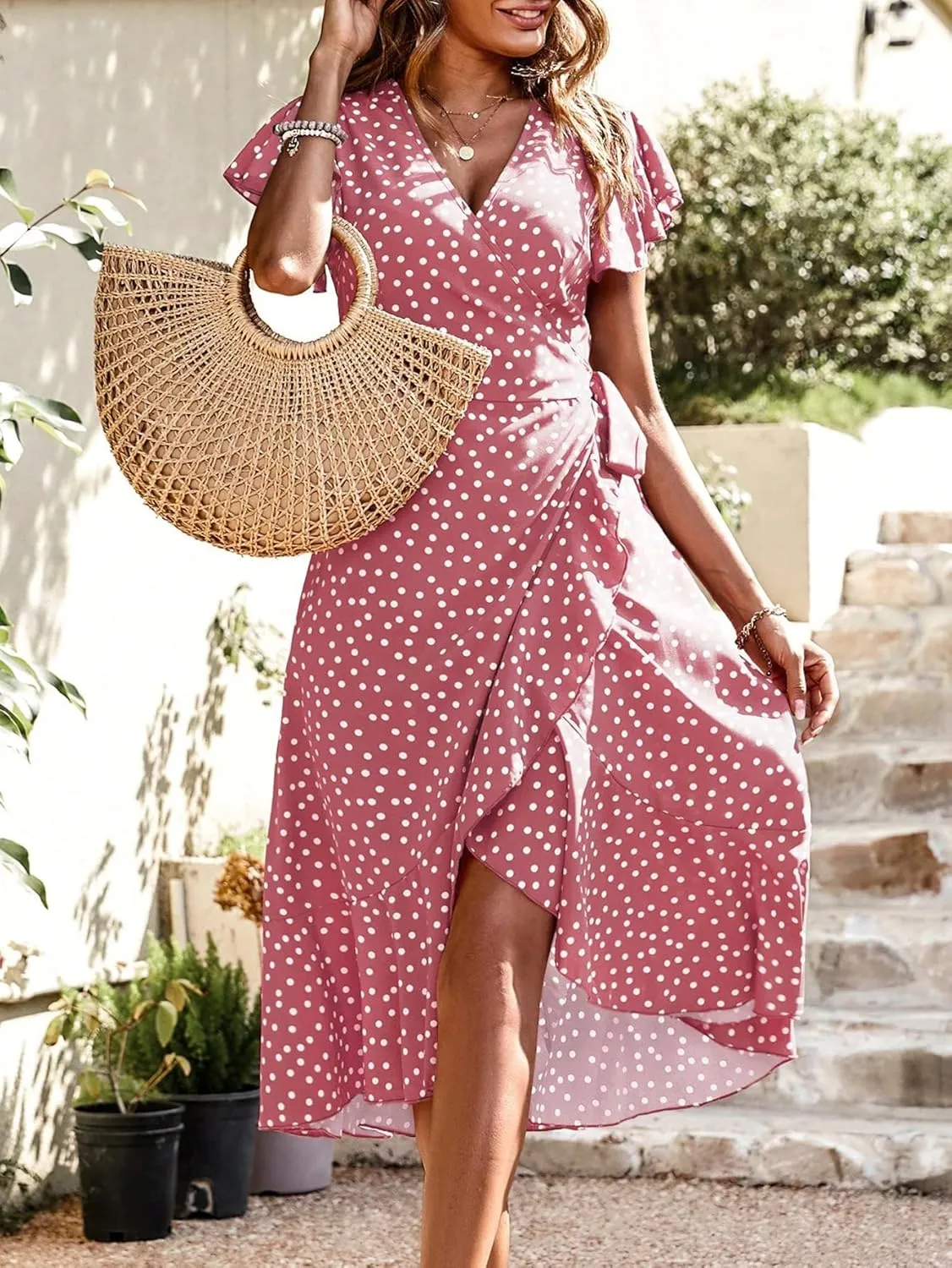 SweatyRocks Women's Polka Dots Short Sleeve V Neck Wrap Dress Tie Side Ruffle Midi Dresses