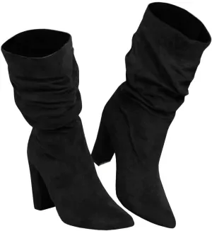 Syktkmx Womens Winter Slouchy High Heel Boots Mid Calf Suede Slip on Chunky Block Pointed Toe Boots
