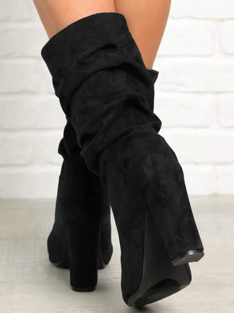 Syktkmx Womens Winter Slouchy High Heel Boots Mid Calf Suede Slip on Chunky Block Pointed Toe Boots