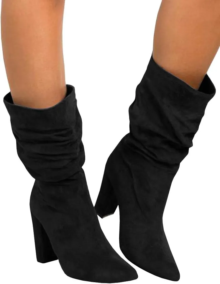 Syktkmx Womens Winter Slouchy High Heel Boots Mid Calf Suede Slip on Chunky Block Pointed Toe Boots