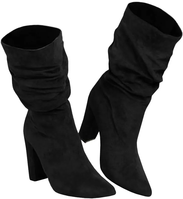 Syktkmx Womens Winter Slouchy High Heel Boots Mid Calf Suede Slip on Chunky Block Pointed Toe Boots