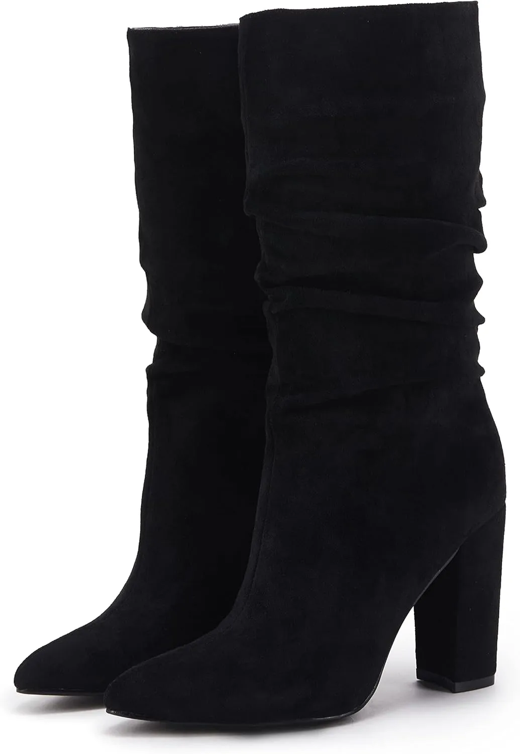 Syktkmx Womens Winter Slouchy High Heel Boots Mid Calf Suede Slip on Chunky Block Pointed Toe Boots