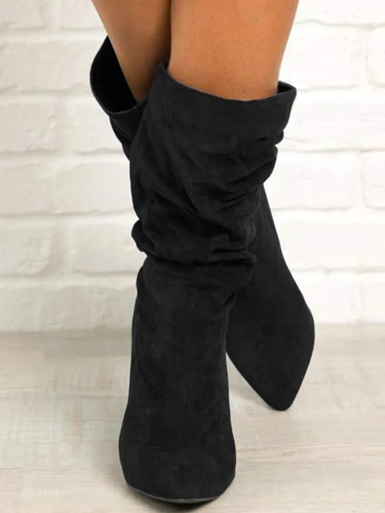 Syktkmx Womens Winter Slouchy High Heel Boots Mid Calf Suede Slip on Chunky Block Pointed Toe Boots