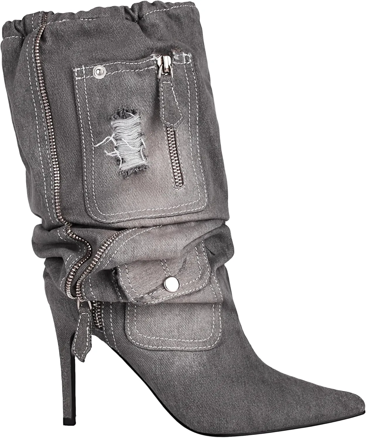 TAEPUSR Women's Stiletto Knee High Denim Pull On Cowgirl Mid Calf Boots Pointed Toe Western Cowboy Boots with Pockets and Zipper Decorate