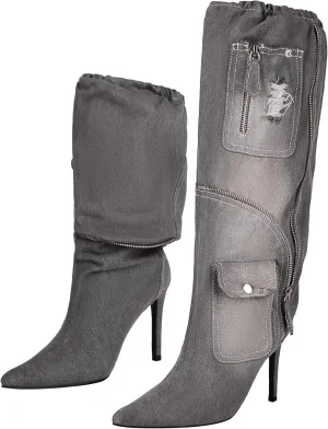TAEPUSR Women's Stiletto Knee High Denim Pull On Cowgirl Mid Calf Boots Pointed Toe Western Cowboy Boots with Pockets and Zipper Decorate