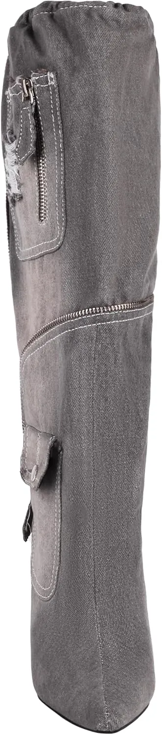 TAEPUSR Women's Stiletto Knee High Denim Pull On Cowgirl Mid Calf Boots Pointed Toe Western Cowboy Boots with Pockets and Zipper Decorate