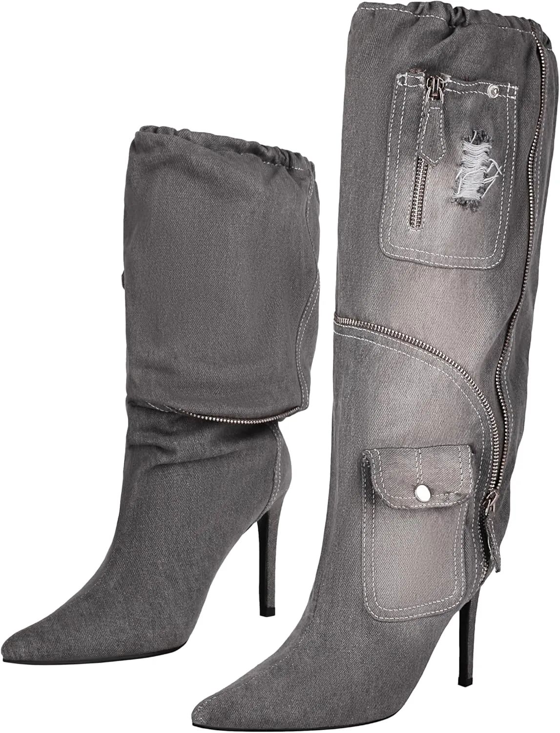TAEPUSR Women's Stiletto Knee High Denim Pull On Cowgirl Mid Calf Boots Pointed Toe Western Cowboy Boots with Pockets and Zipper Decorate