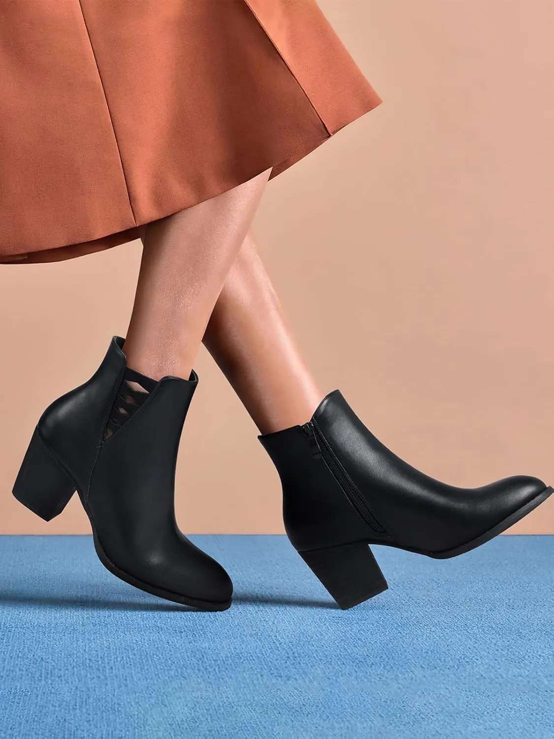 TEMOFON Ankle Boots for Women Booties: Suede Short Boot with Chunky Low Heel, Almond Toe Comfortable Dressy Shoes Side Zipper 2024 Trendy Fall