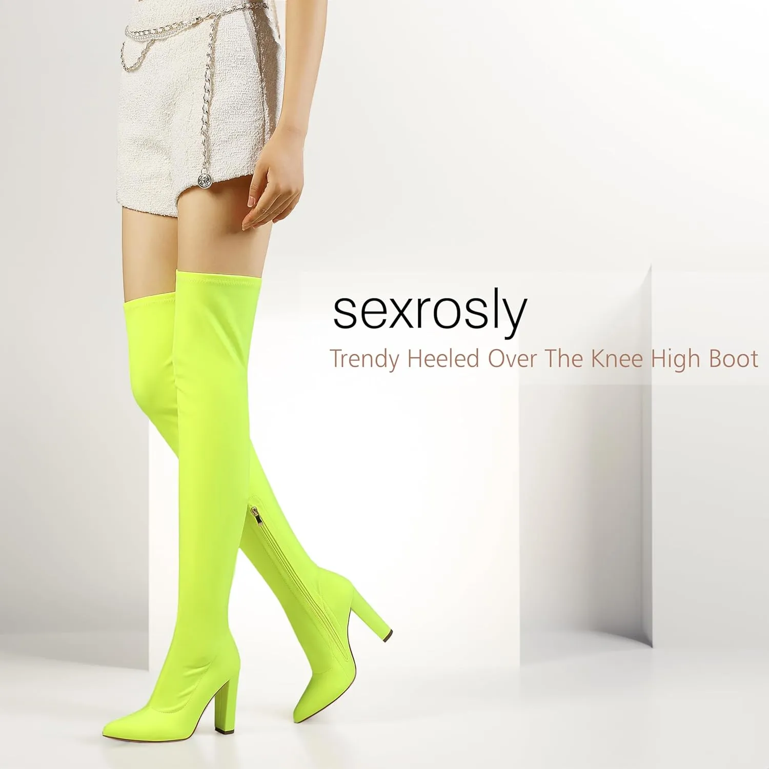 Thigh High Boots for Women Chunky High Heel Over The Knee Boots Stretch Pointed Toe GO GO Knee High Boot