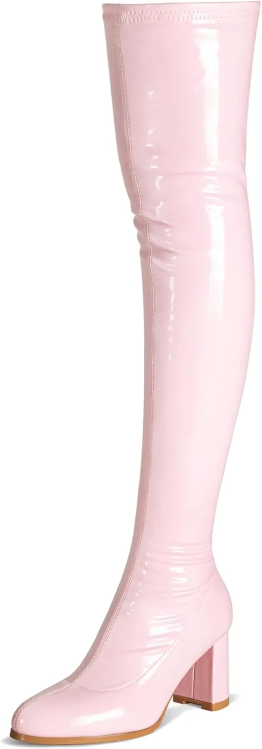 Thigh High Boots for Women Sexy Pointed Toe Over The Knee Boots Cosplay Dance Party Patent Leather Chunky Heels GOGO Knee High Boots