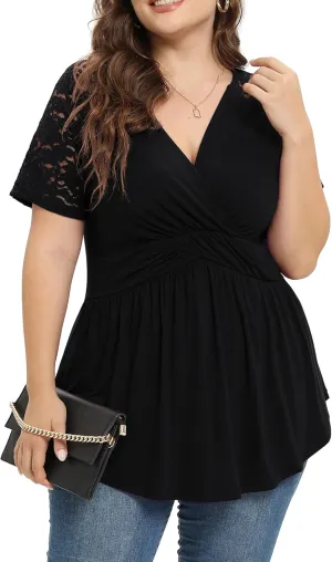 TIANZHU Women Plus Size Top Short Sleeve Wrap Lace Dressy Shirt Sexy Low Cut Babydoll Blouses