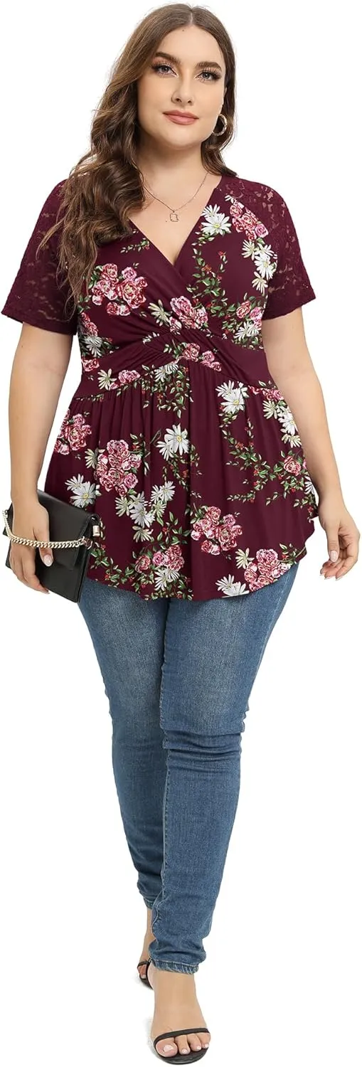 TIANZHU Women Plus Size Top Short Sleeve Wrap Lace Dressy Shirt Sexy Low Cut Babydoll Blouses