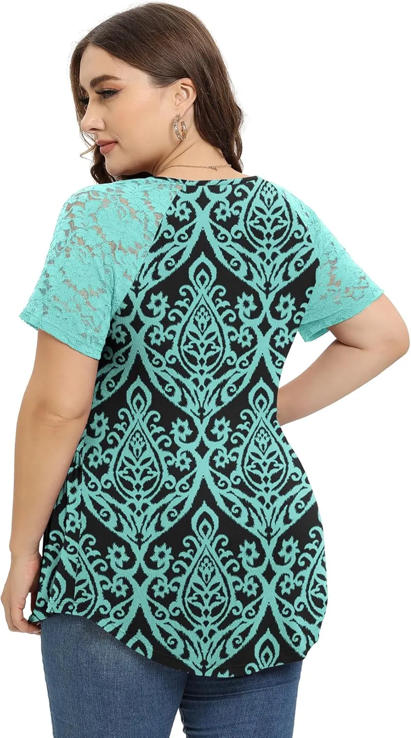 TIANZHU Women Plus Size Top Short Sleeve Wrap Lace Dressy Shirt Sexy Low Cut Babydoll Blouses