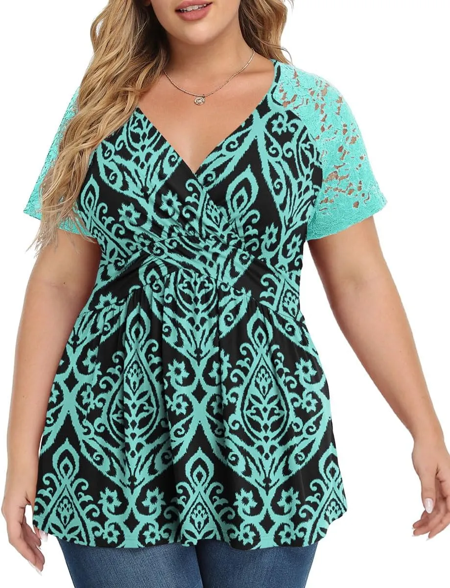 TIANZHU Women Plus Size Top Short Sleeve Wrap Lace Dressy Shirt Sexy Low Cut Babydoll Blouses