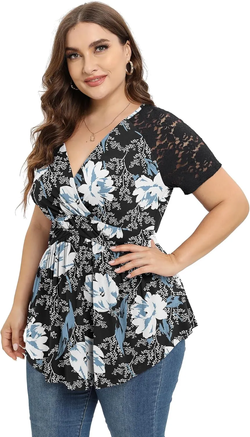 TIANZHU Women Plus Size Top Short Sleeve Wrap Lace Dressy Shirt Sexy Low Cut Babydoll Blouses