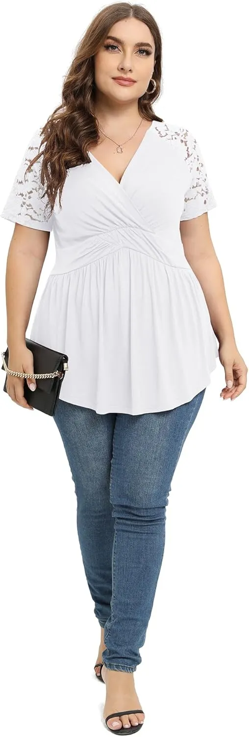 TIANZHU Women Plus Size Top Short Sleeve Wrap Lace Dressy Shirt Sexy Low Cut Babydoll Blouses