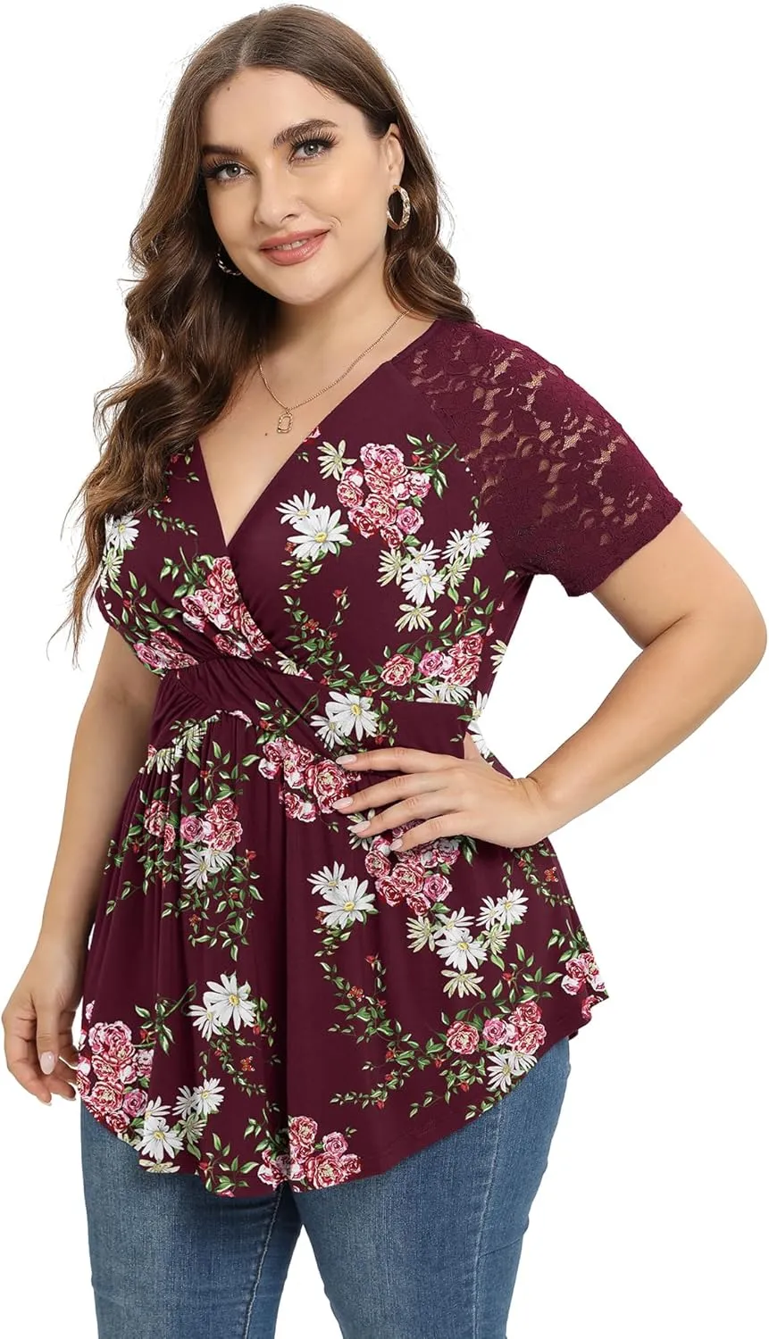 TIANZHU Women Plus Size Top Short Sleeve Wrap Lace Dressy Shirt Sexy Low Cut Babydoll Blouses