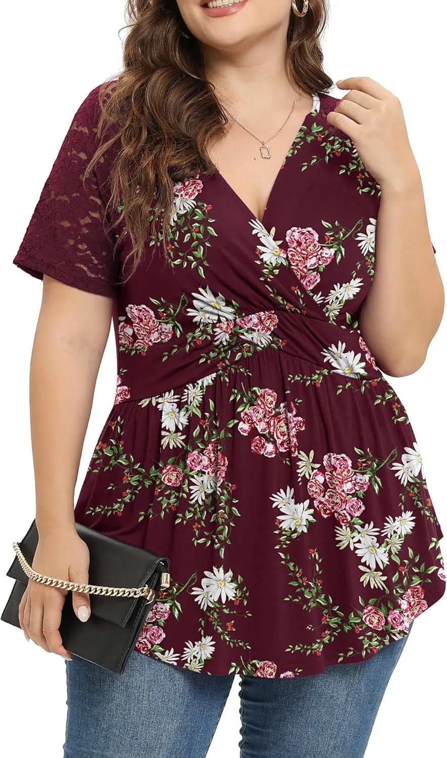 TIANZHU Women Plus Size Top Short Sleeve Wrap Lace Dressy Shirt Sexy Low Cut Babydoll Blouses