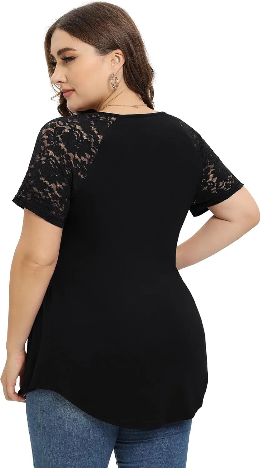 TIANZHU Women Plus Size Top Short Sleeve Wrap Lace Dressy Shirt Sexy Low Cut Babydoll Blouses