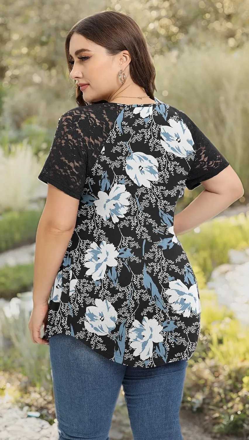 TIANZHU Women Plus Size Top Short Sleeve Wrap Lace Dressy Shirt Sexy Low Cut Babydoll Blouses