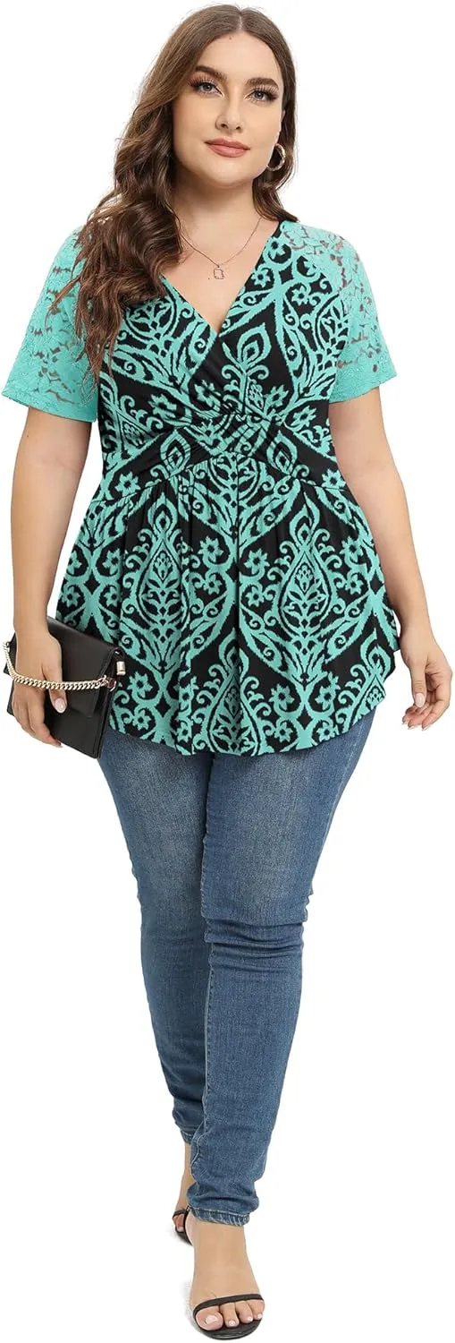 TIANZHU Women Plus Size Top Short Sleeve Wrap Lace Dressy Shirt Sexy Low Cut Babydoll Blouses